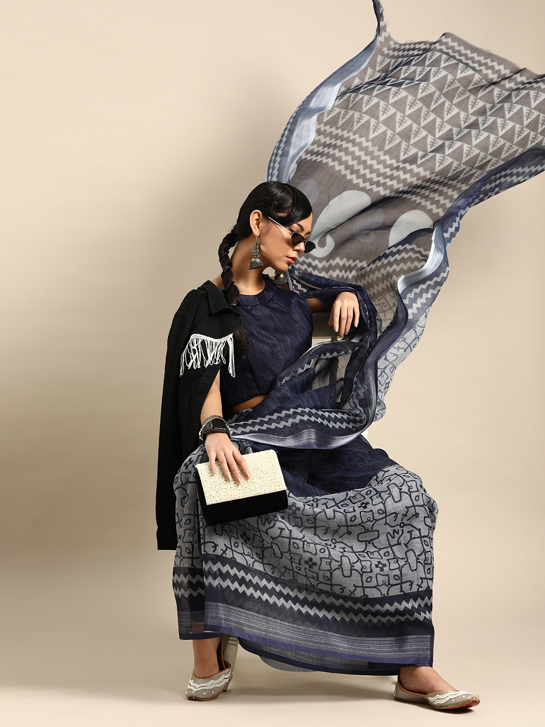 

SHAVYA Navy Blue Printed Pure Cotton Saree