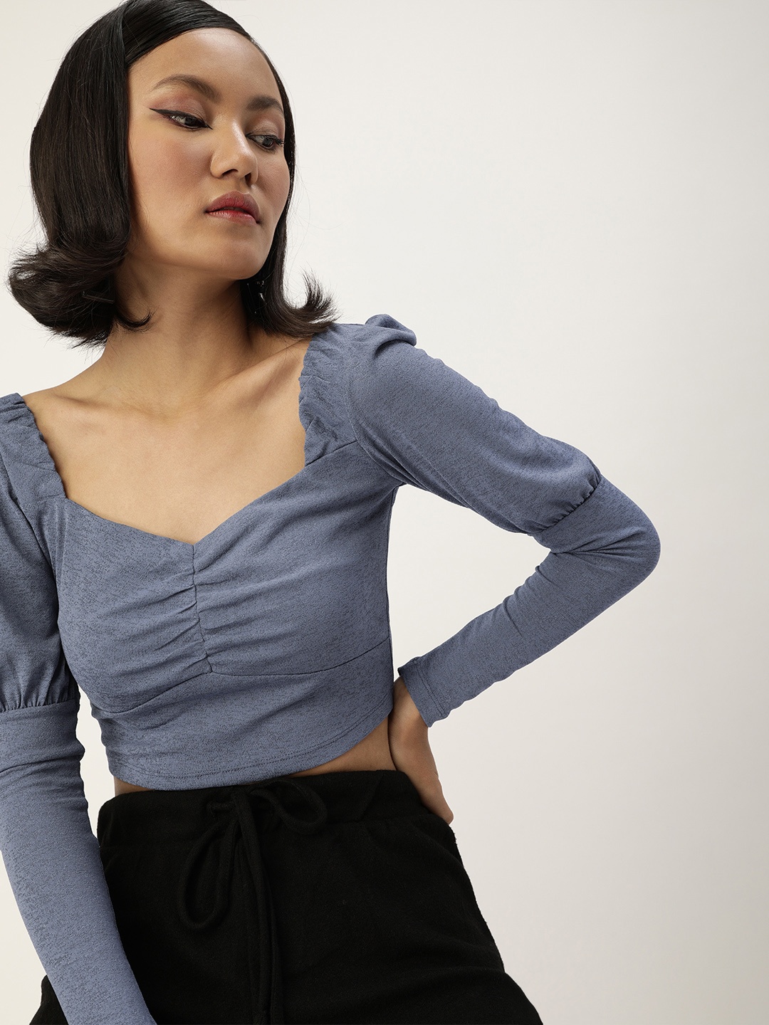 

Veni Vidi Vici Grey Melange Sweetheart Neck Puff Sleeves Fitted Crop Top