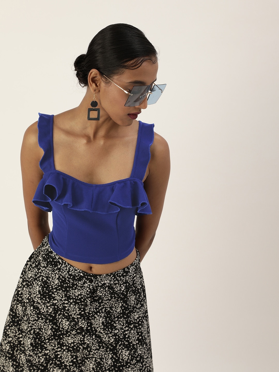 

Veni Vidi Vici Stylish Navy Blue Ruffled Tie-Up Crop Top