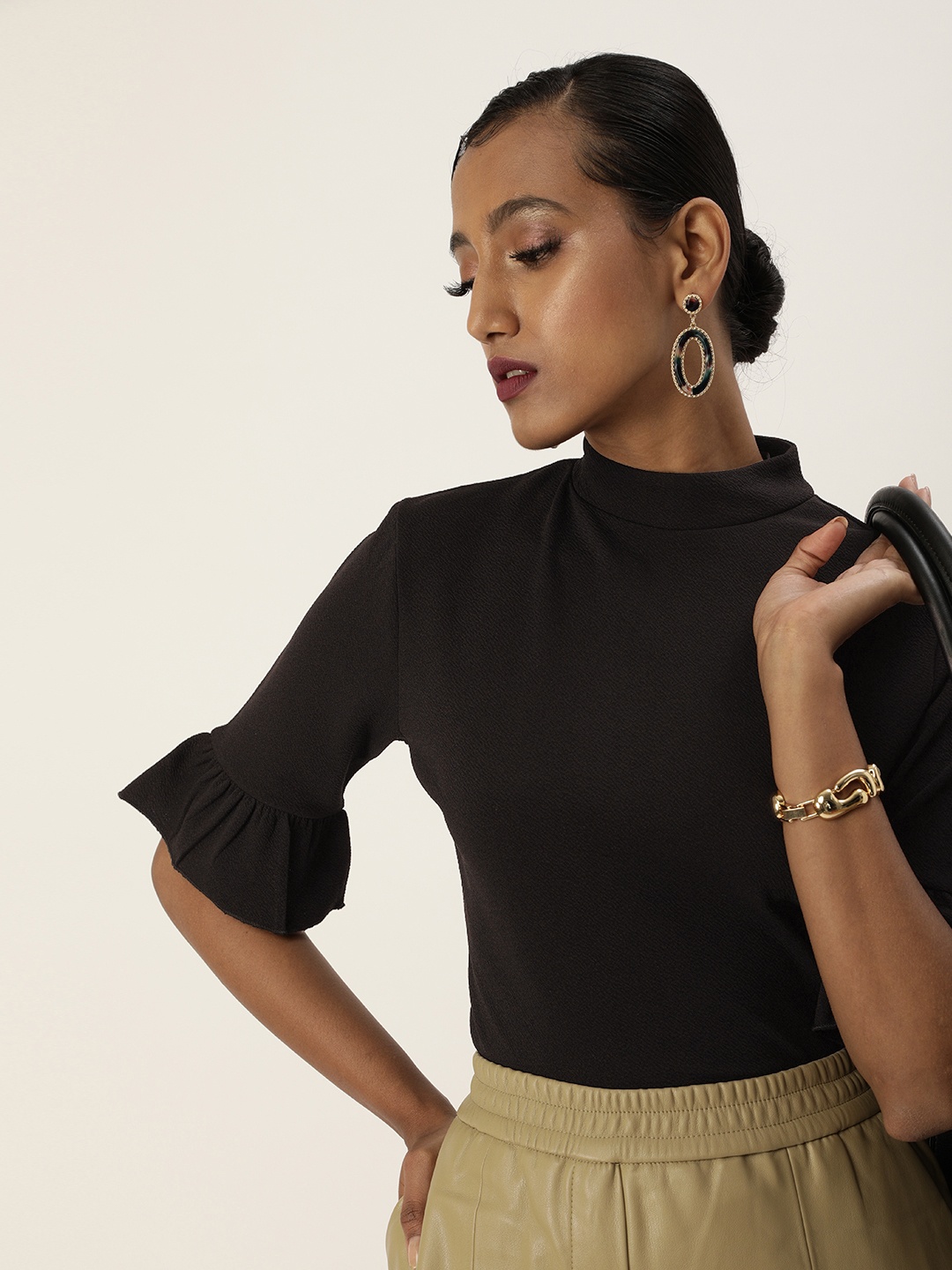 

Veni Vidi Vici Stunning Black High-Neck Ruffled Bell Sleeves Top