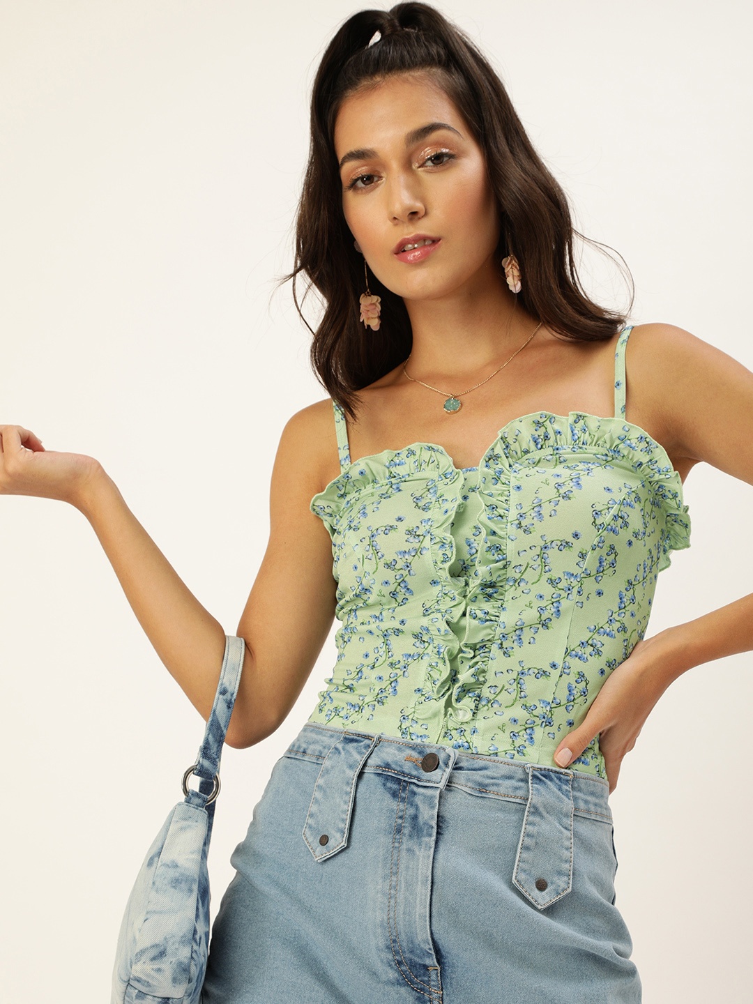 

Veni Vidi Vici Green & Blue Ditsy Floral Printed Fitted Frilled Crop Top