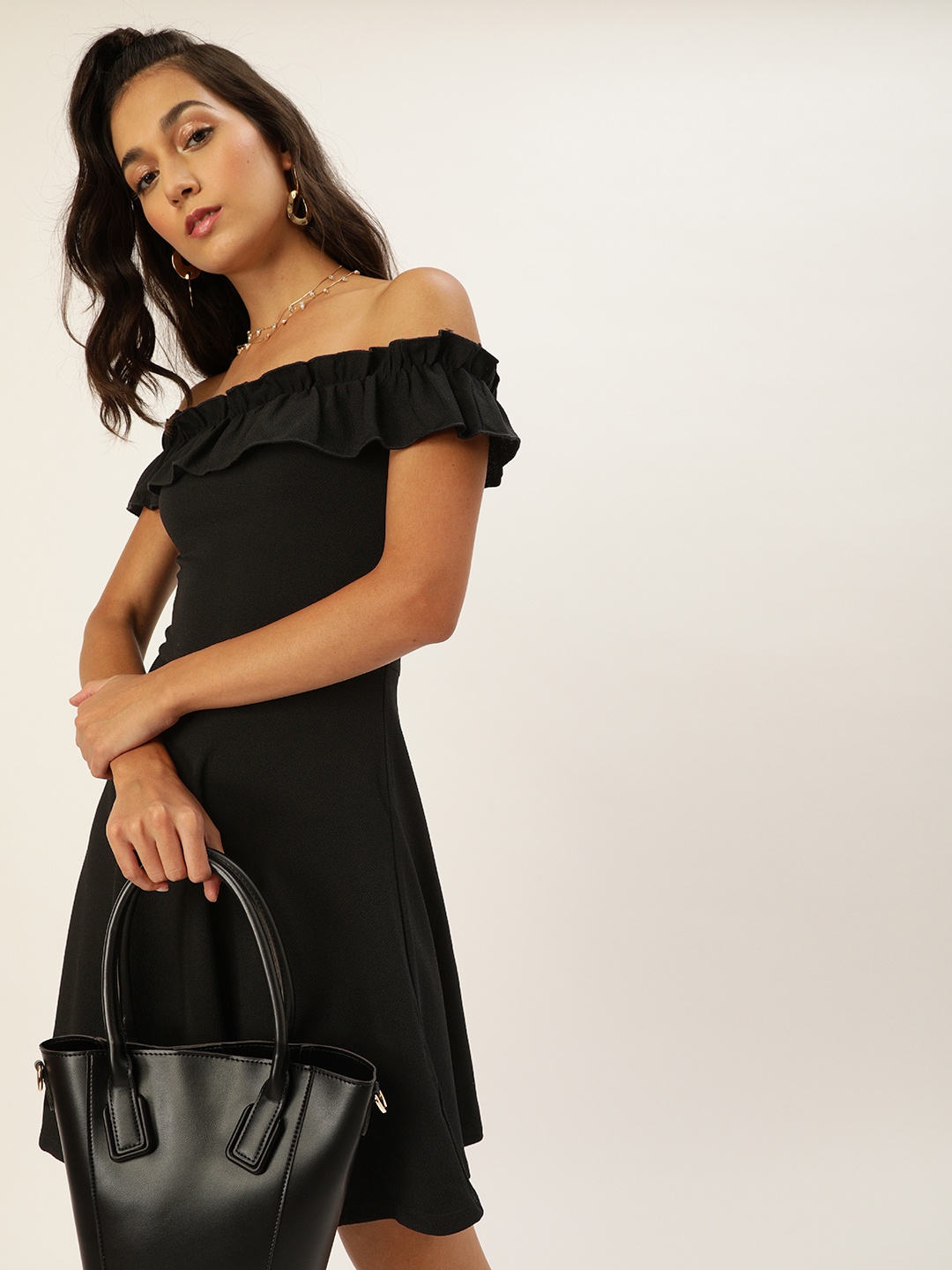 

Veni Vidi Vici Women Black Solid Ruffled Off-Shoulder Fit and Flare Dress