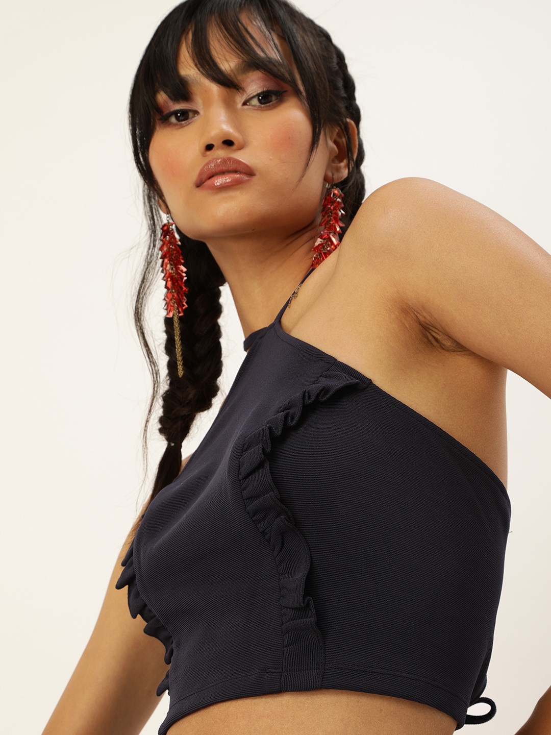 

Veni Vidi Vici Navy Blue Solid Fitted Crop Top with Ruffles