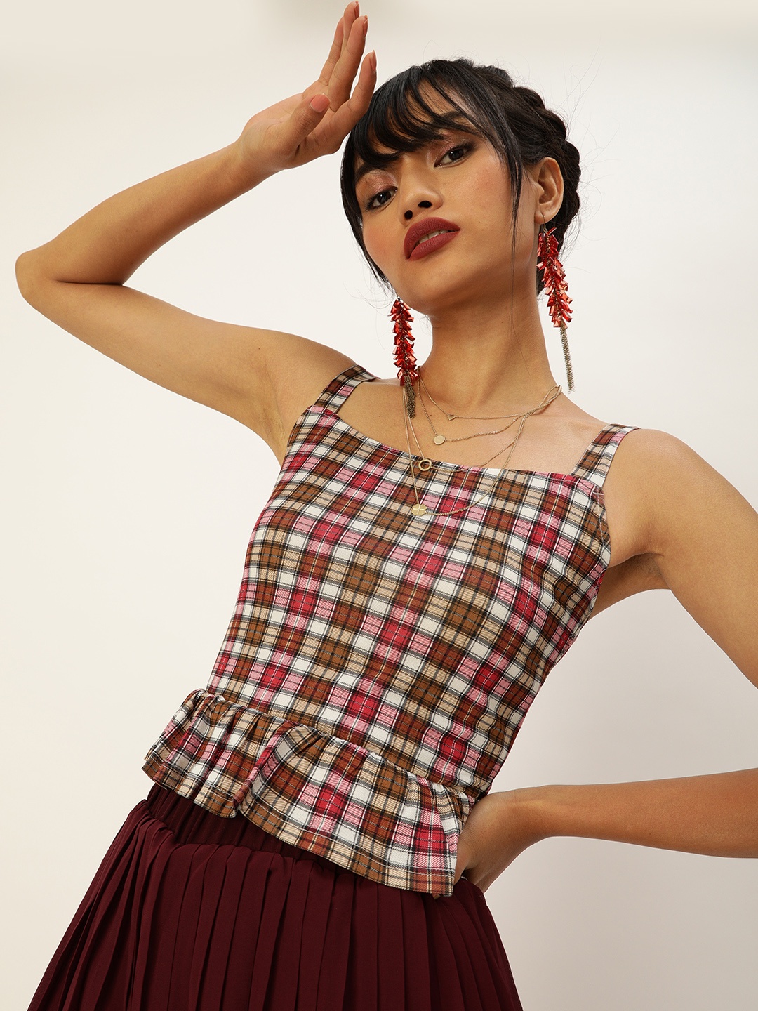 

Veni Vidi Vici Elegant Brown and Red Ruffled Checked Tank Crop Top