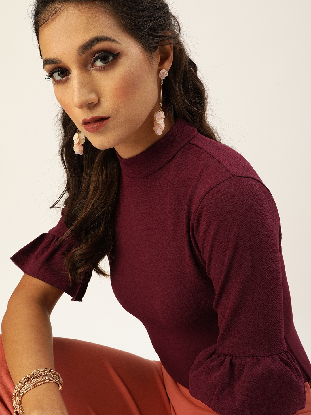 

Veni Vidi Vici Maroon Solid Ruffled Regular Top