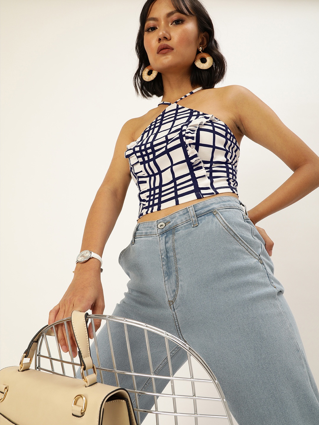 

Veni Vidi Vici Navy Blue & White Checked Halter Neck Styled Back Crop Top