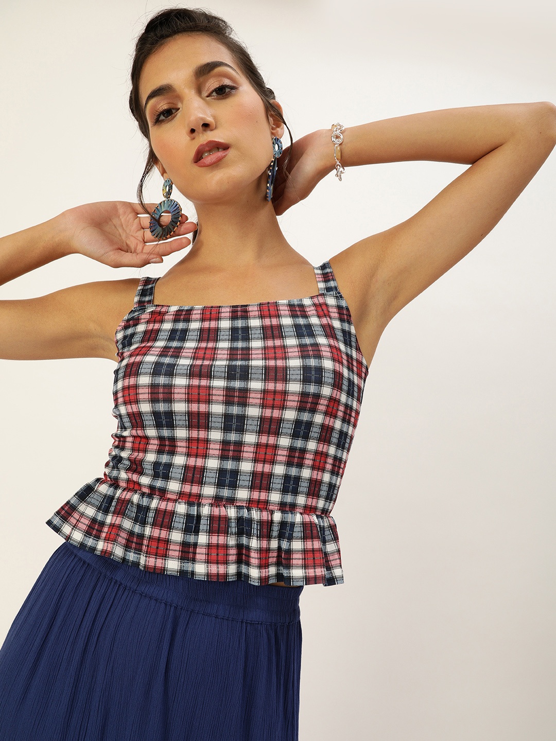 

Veni Vidi Vici Bold Red and Navy Blue Ruffled Checked Tank Crop Top
