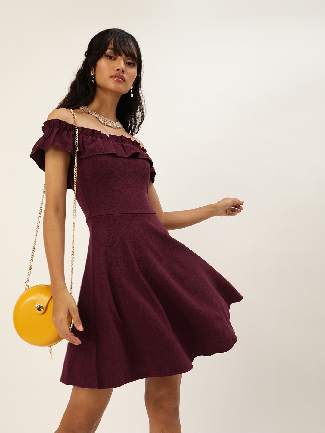 

Veni Vidi Vici Women Maroon Solid Ruffled Off-Shoulder Fit and Flare Dress