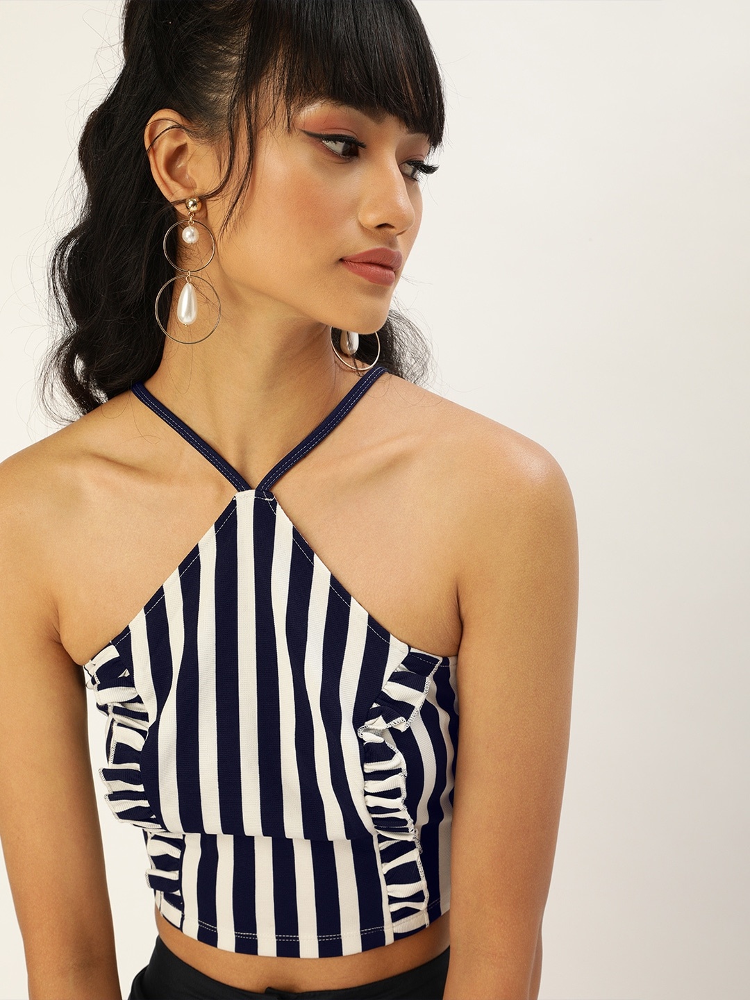 

Veni Vidi Vici Deep Navy Blue and White Striped Ruffled Crop Top