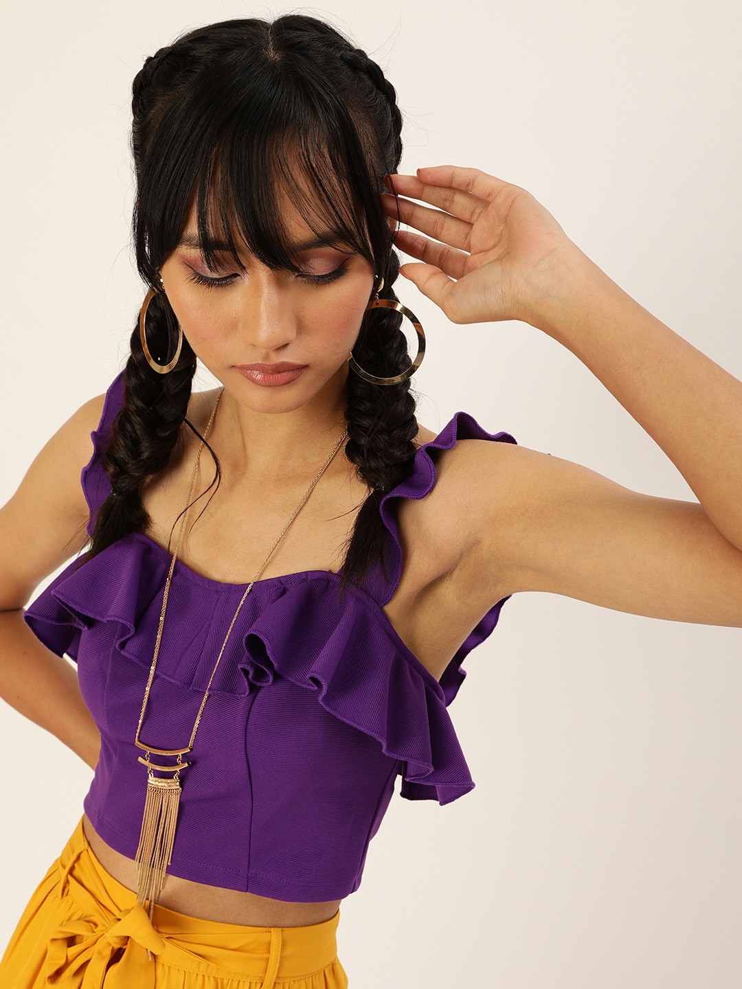 

Veni Vidi Vici Purple Solid Frilled Styled Back Crop Top
