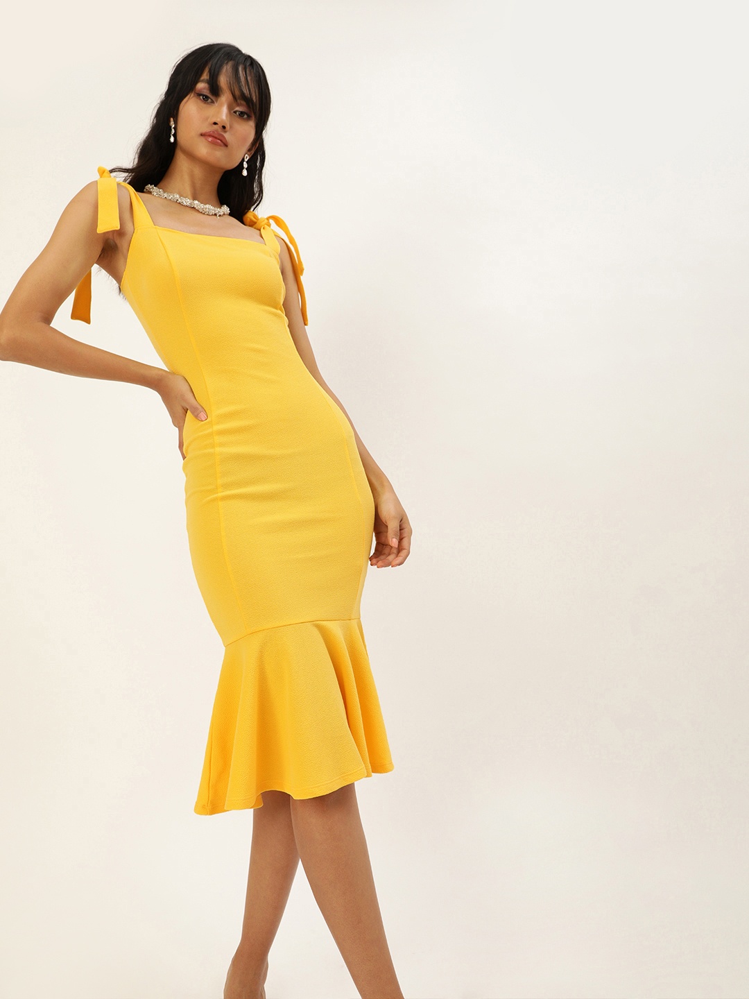 

Veni Vidi Vici Women Yellow Solid Flounce Bodycon Dress With Shoulder Tie-Up