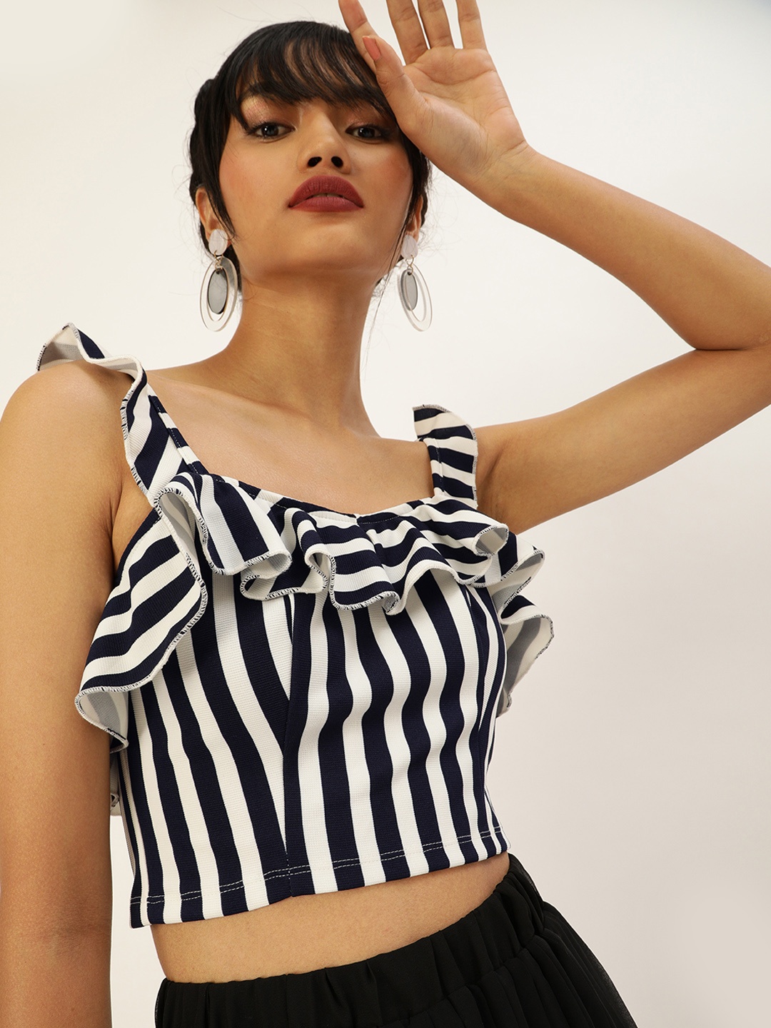 

Veni Vidi Vici Navy Blue and White Striped Ruffled Crop Top