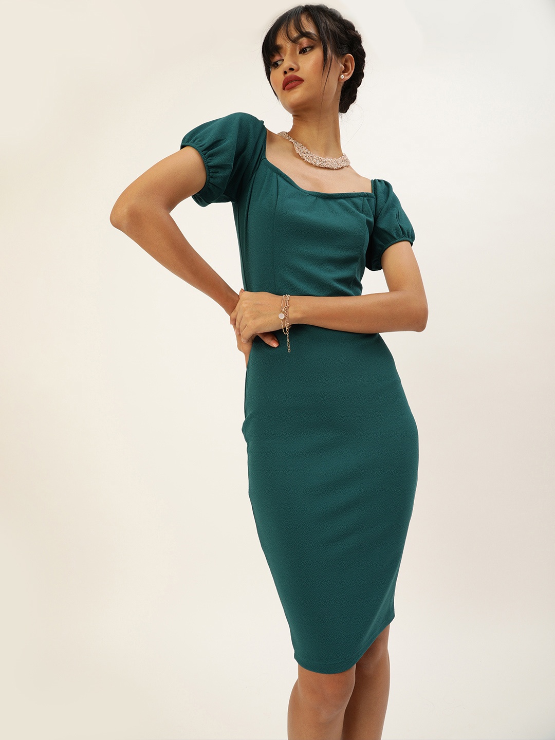 

Veni Vidi Vici Vivid Green Solid Puff Sleeves Bodycon Dress