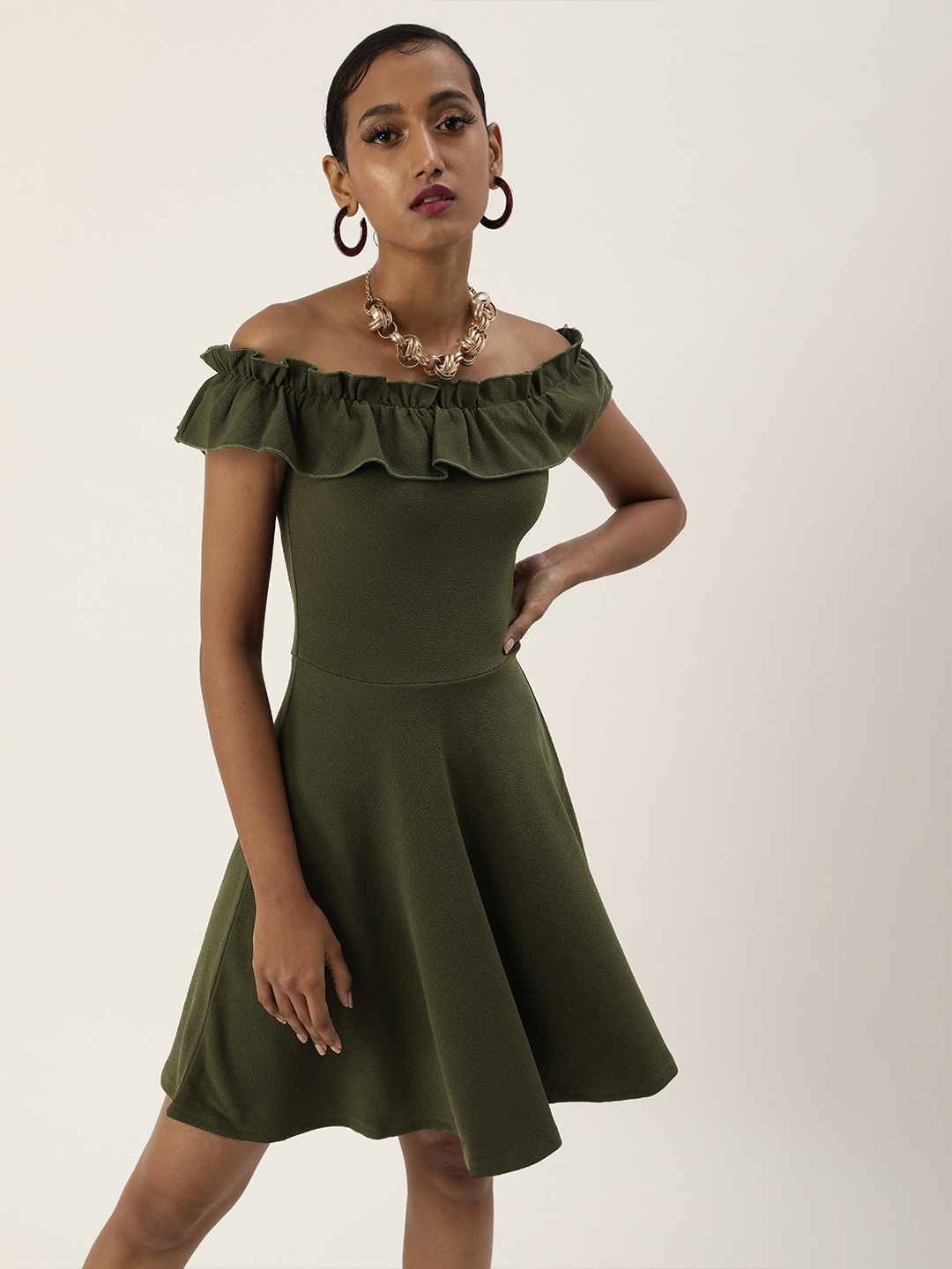 

Veni Vidi Vici Olive Green Solid Ruffled Off Shoulder Fit and Flare Dress