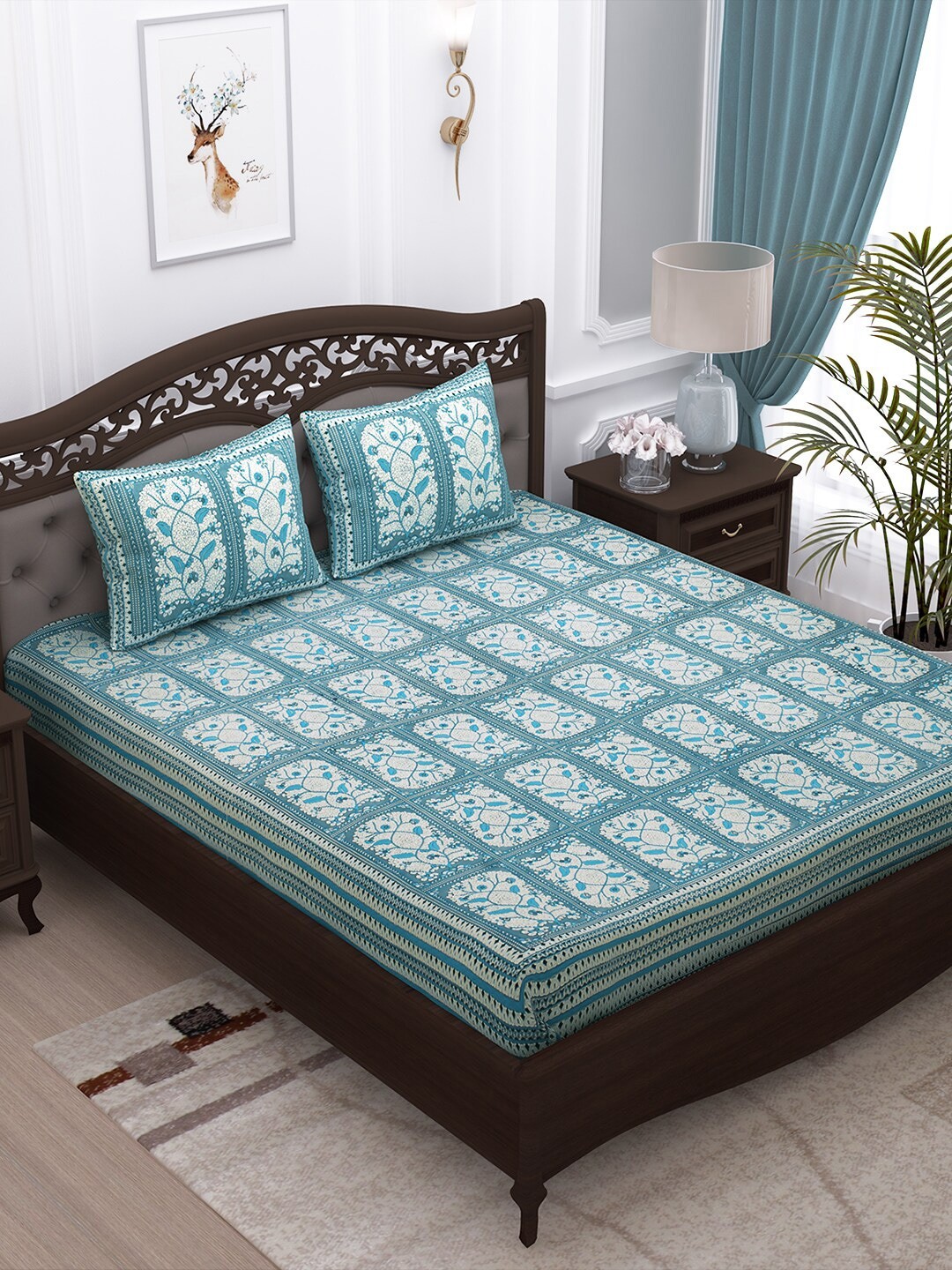 

Story@home Blue Floral 152 TC Cotton 1 King Bedsheet with 2 Pillow Covers