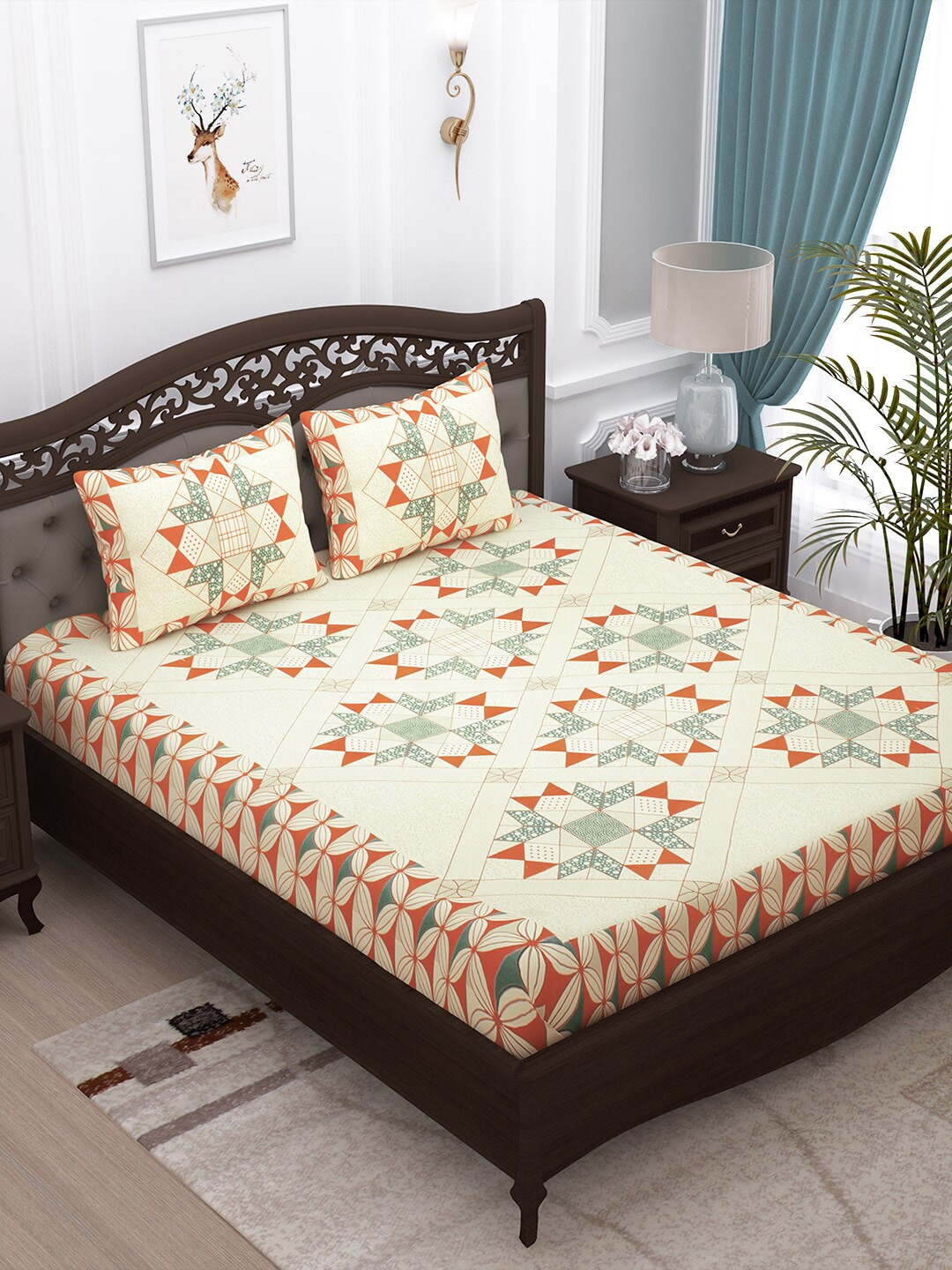 

Story@home Off-White & Turquoise Blue Geometric 152 TC Cotton 1 Queen Bedsheet with 2 Pillow Covers