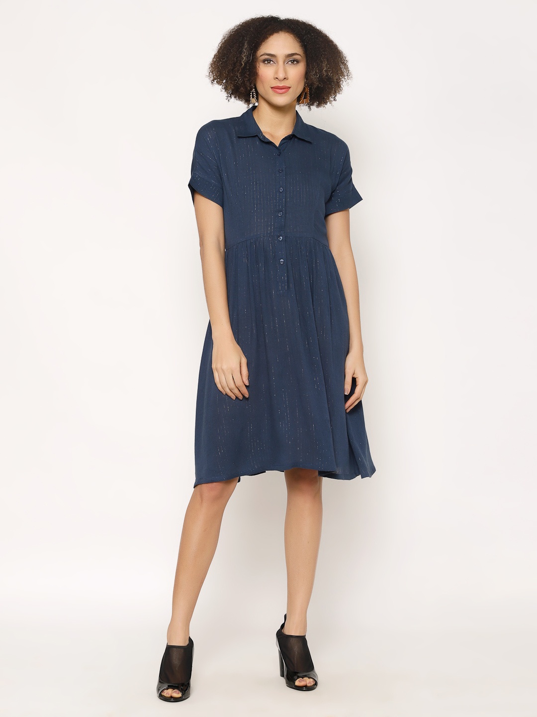 

HOUSE OF KKARMA Women Blue Striped Shirt Dress