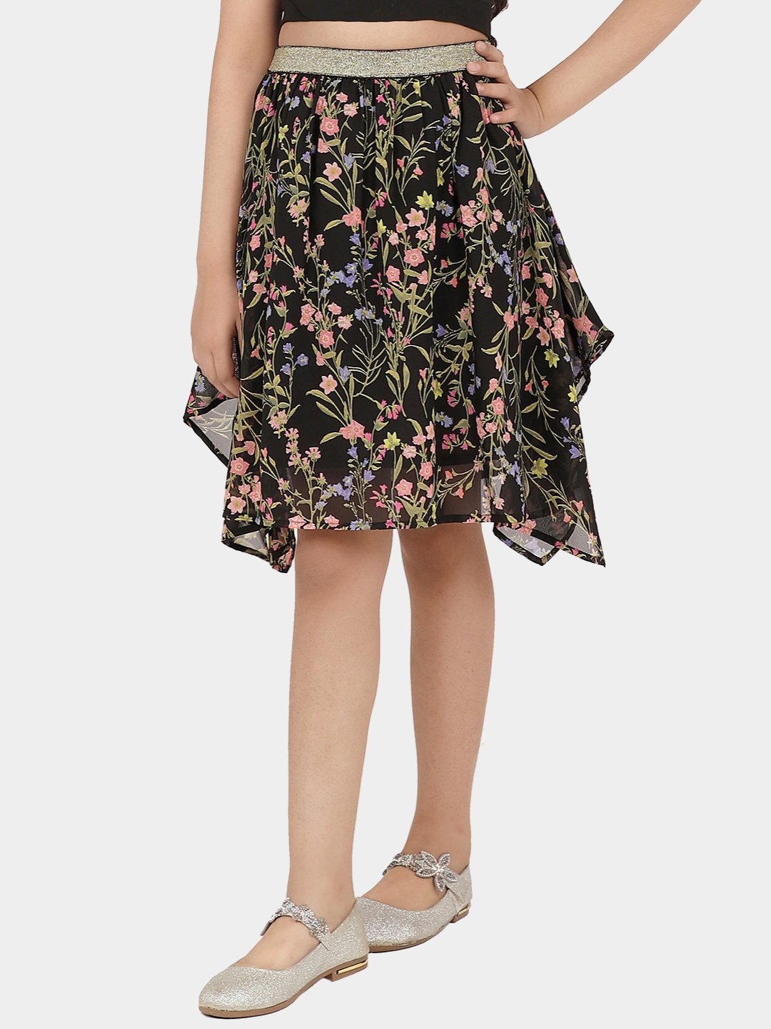 

CACA CINA Girls Black & Green Floral Printed Flared Knee-Length Skirt