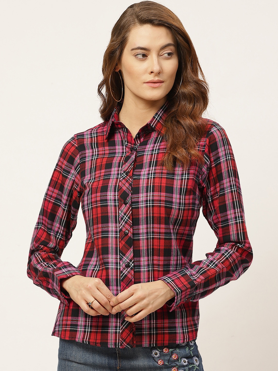 

One Femme Women Red & Purple Smart Regular Fit Checked Pure Cotton Casual Shirt