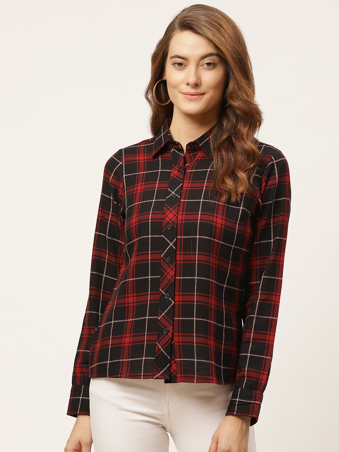 

One Femme Women Black & Red Smart Regular Fit Checked Pure Cotton Casual Shirt