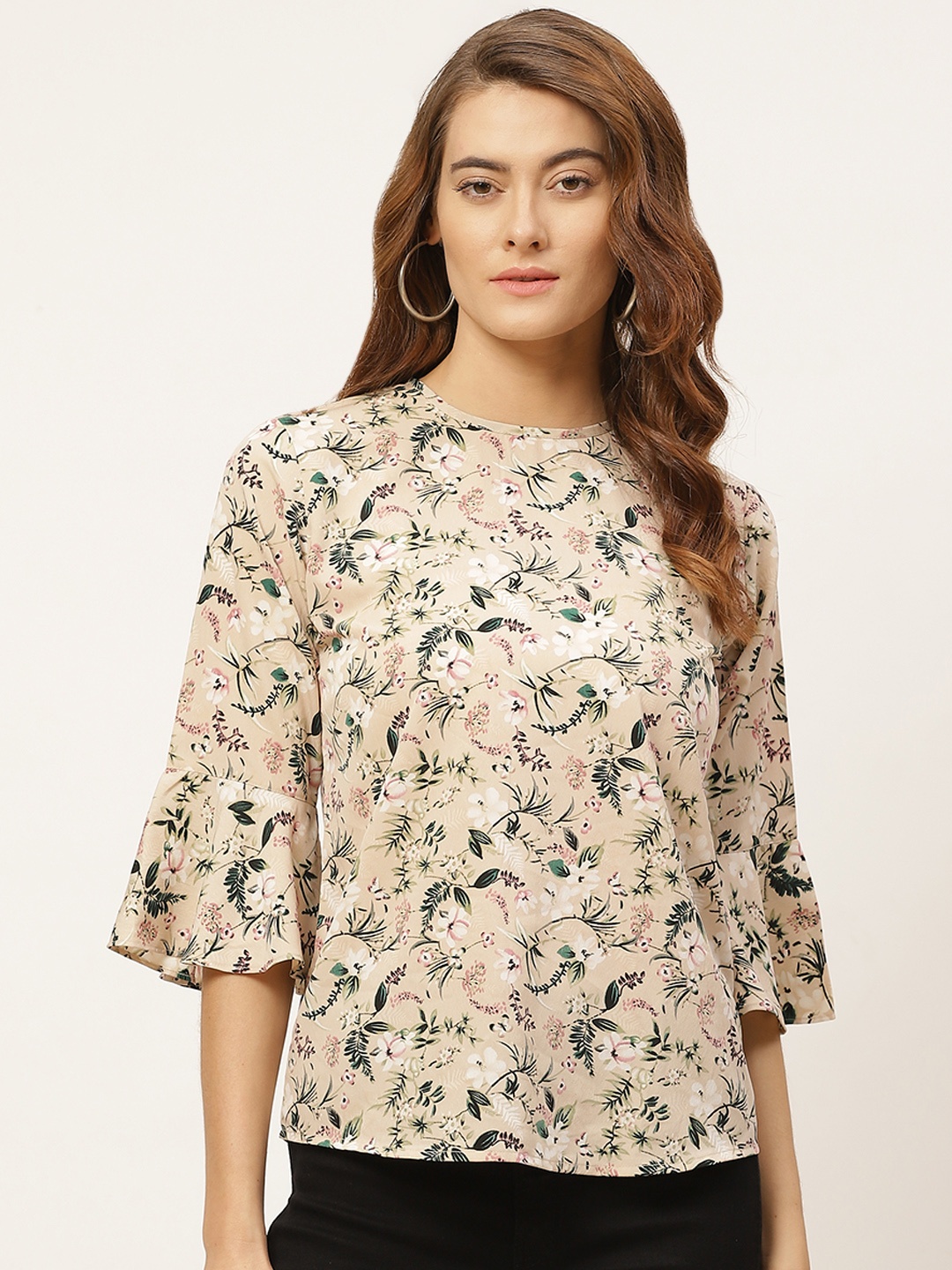 

One Femme Beige & Pink Floral Printed Bell Sleeves Regular Top