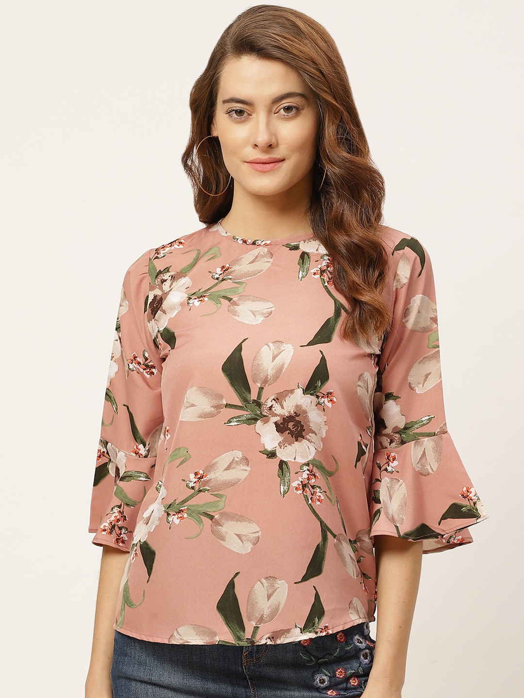 

One Femme Pink & Green Floral Printed Bell Sleeves Regular Top