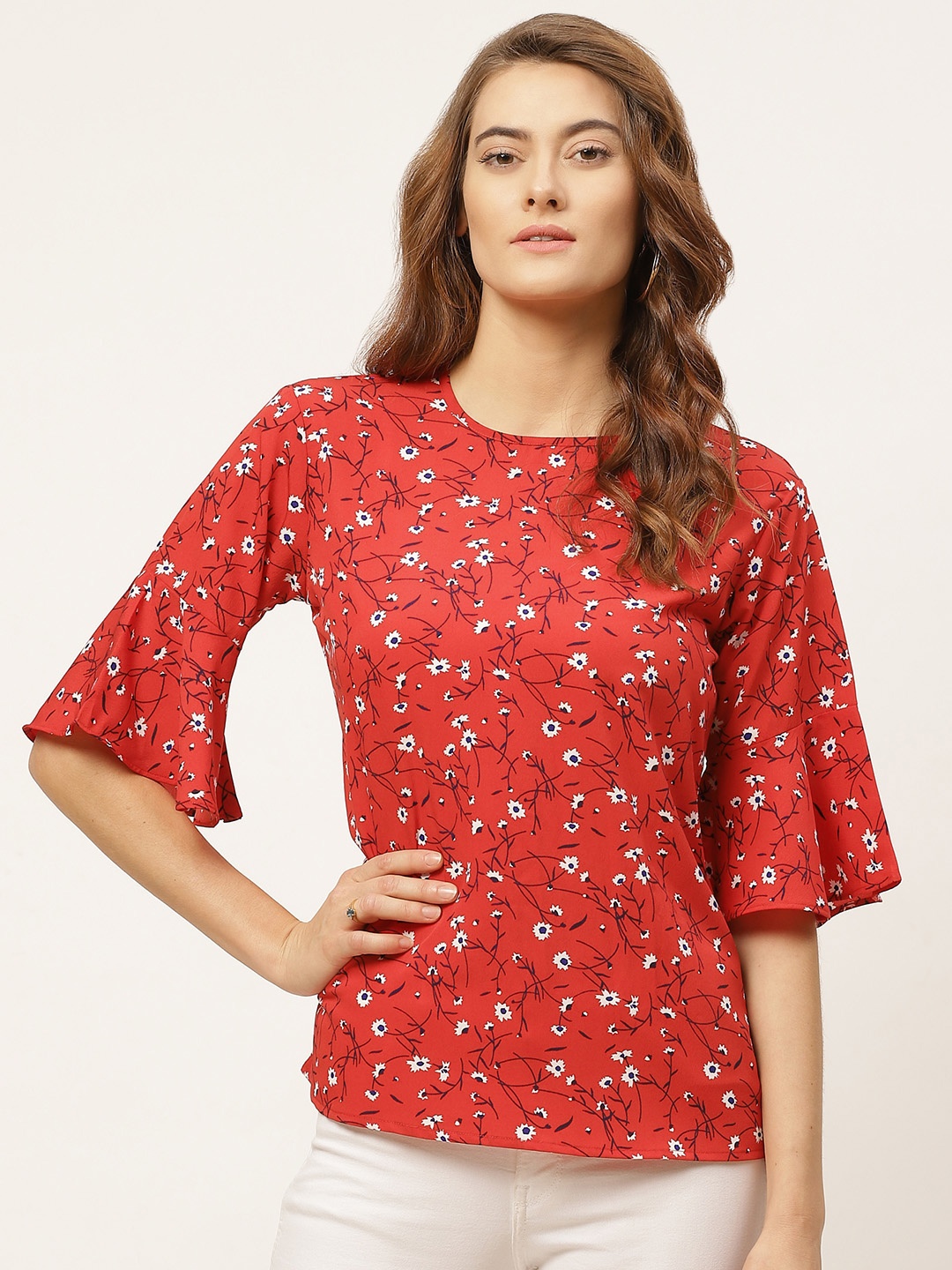 

One Femme Red & White Ditsy Floral Printed Flared Sleeves Regular Top