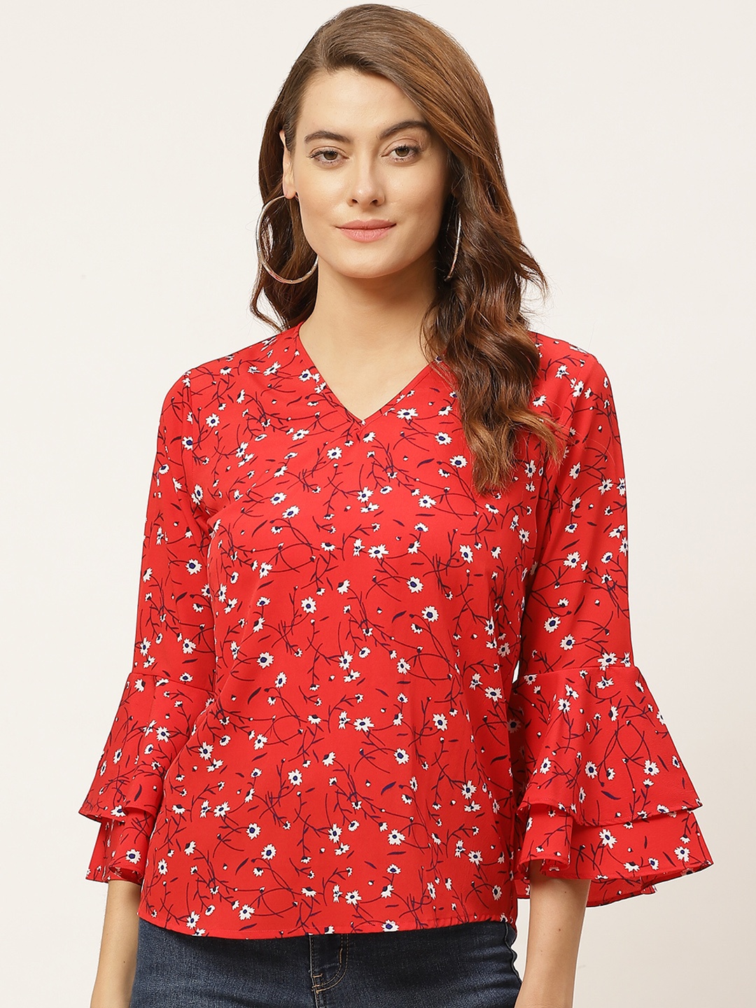 

One Femme Red & White Floral Printed Bell Sleeves Regular Top