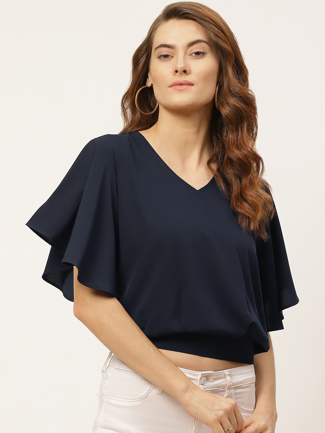 

One Femme Navy Blue Flared Sleeves Blouson Crop Top