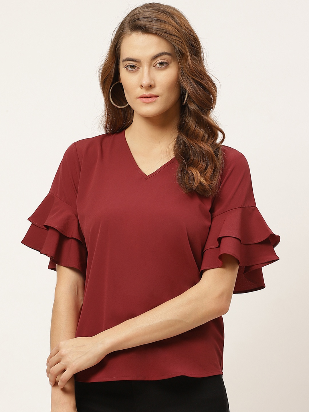 

One Femme Maroon Bell Sleeves Regular Top