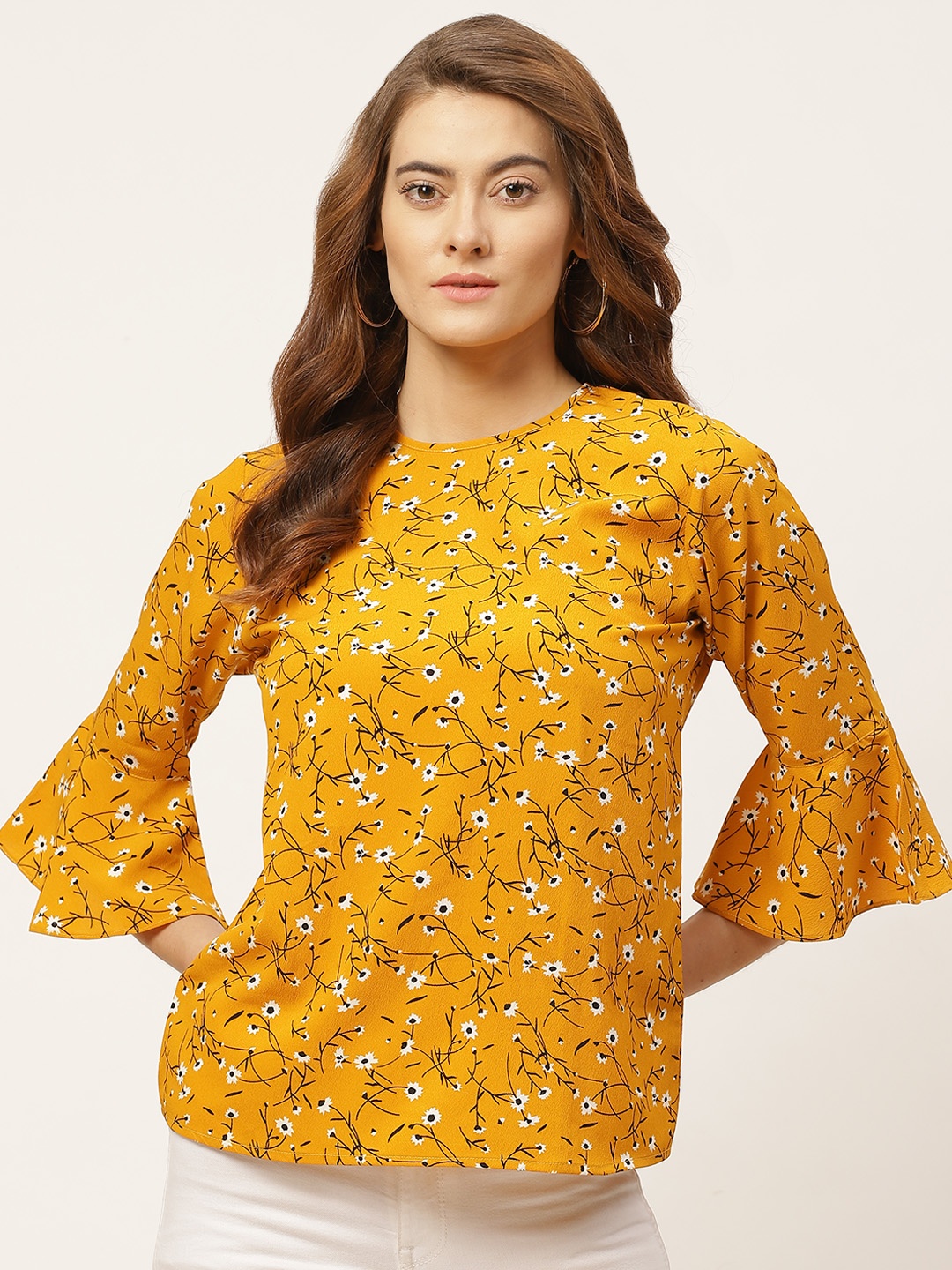 

One Femme Mustard Yellow & Black Floral Printed Bell Sleeves Crepe Regular Top