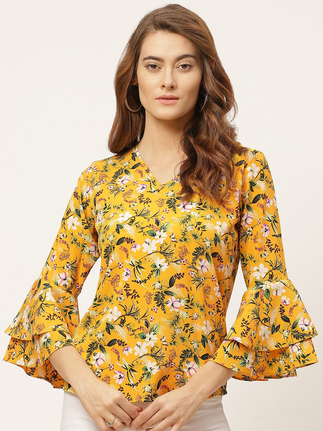 

One Femme Yellow & Black Floral Printed Bell Sleeves Crepe Regular Top