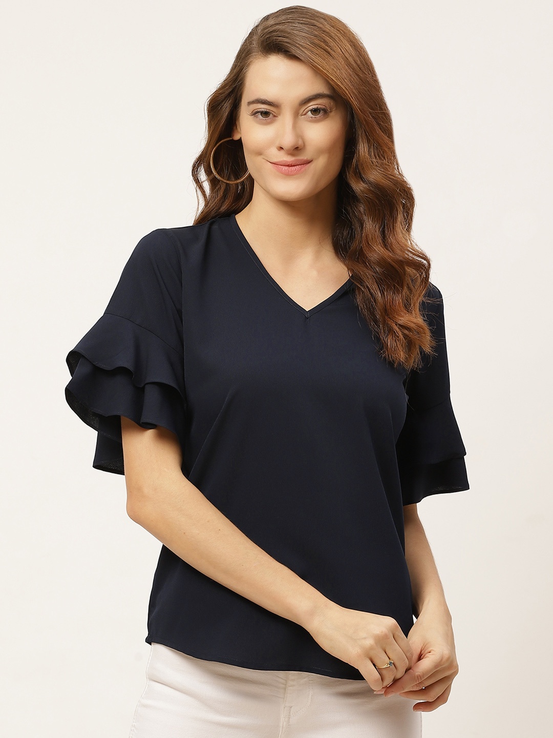 

One Femme Navy Blue Flared Sleeves Regular Top