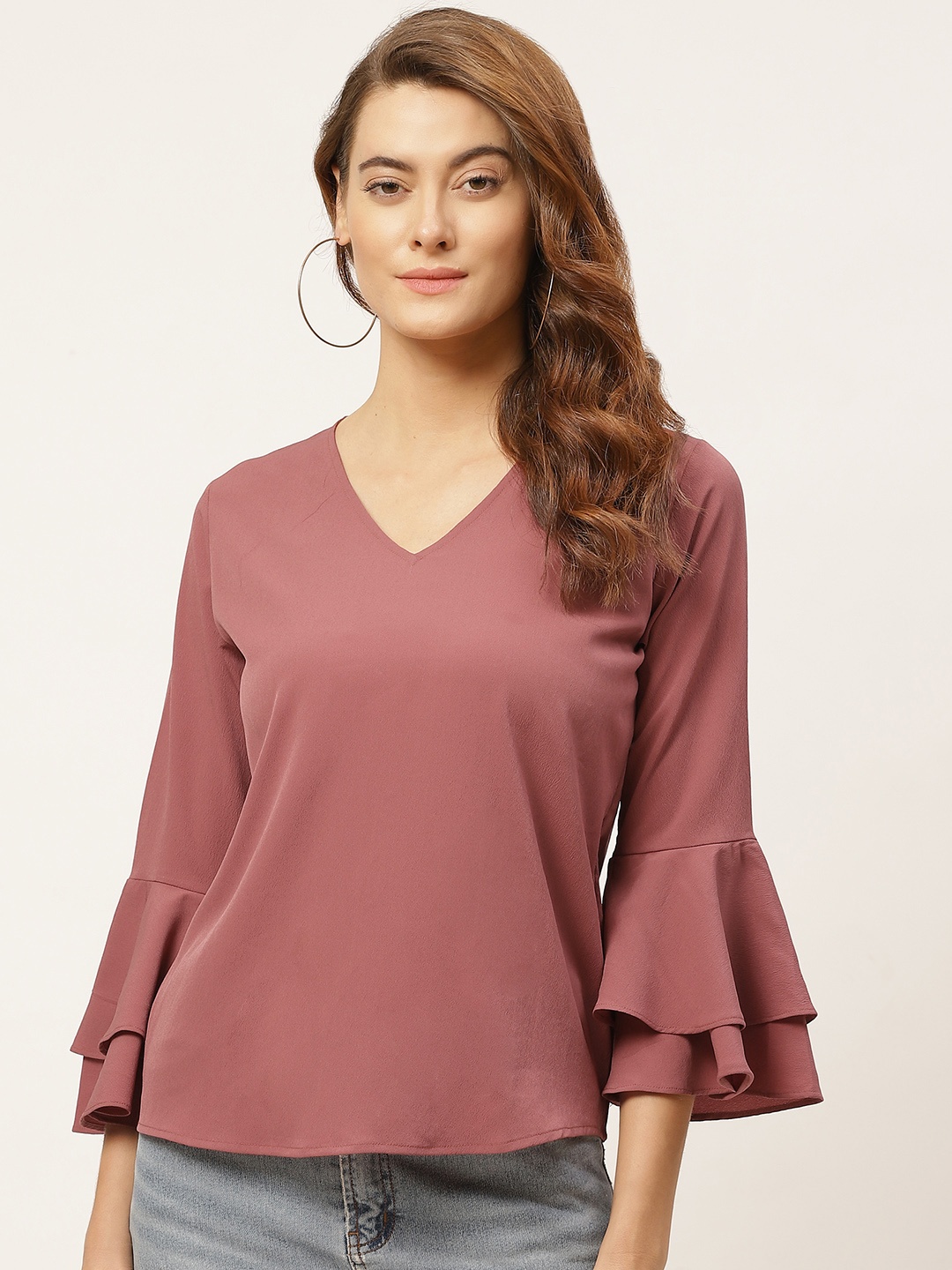 

One Femme Pink Bell Sleeves Crepe Regular Top