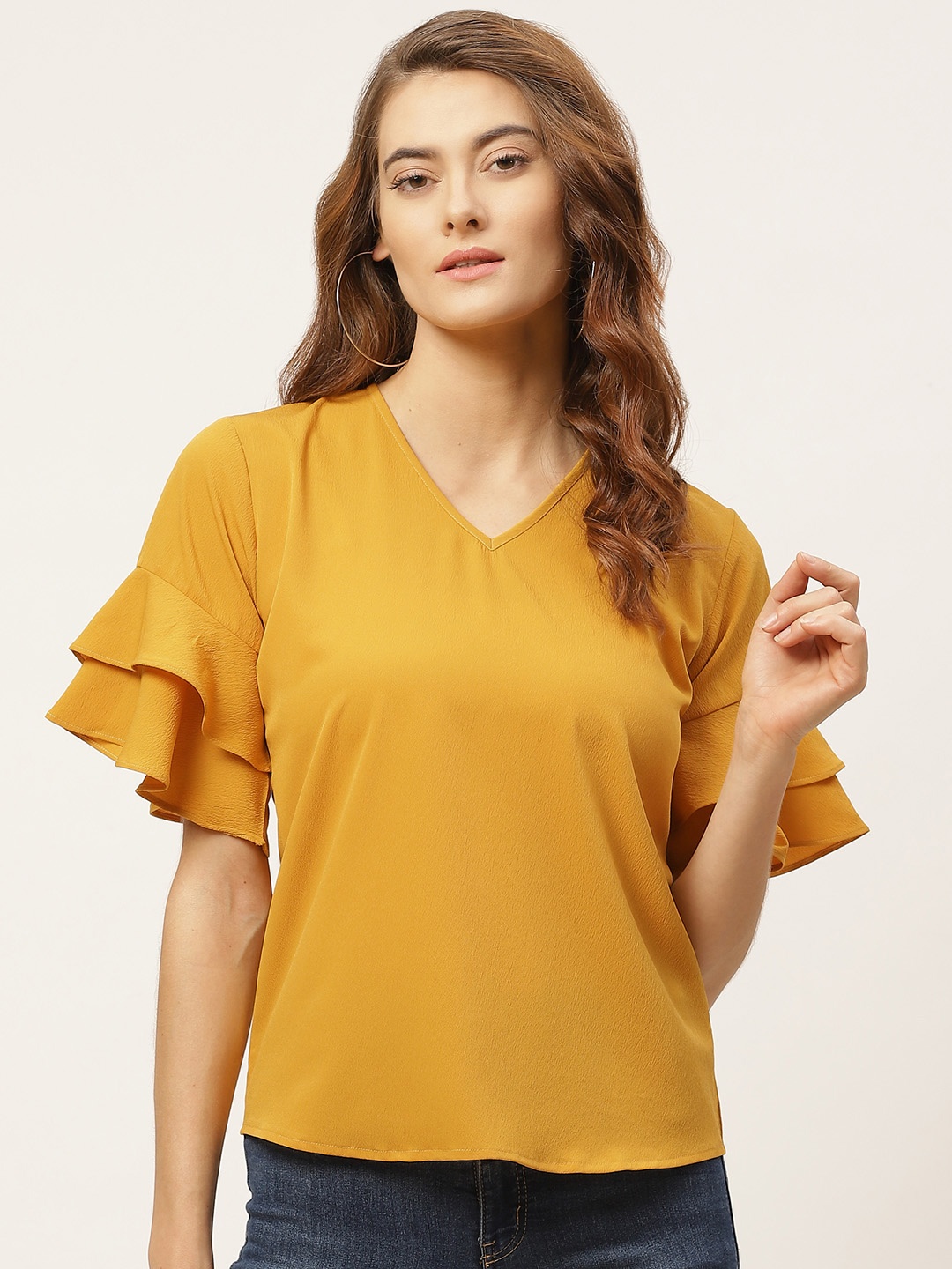 

One Femme Mustard Yellow Flared Sleeves Crepe Regular Top
