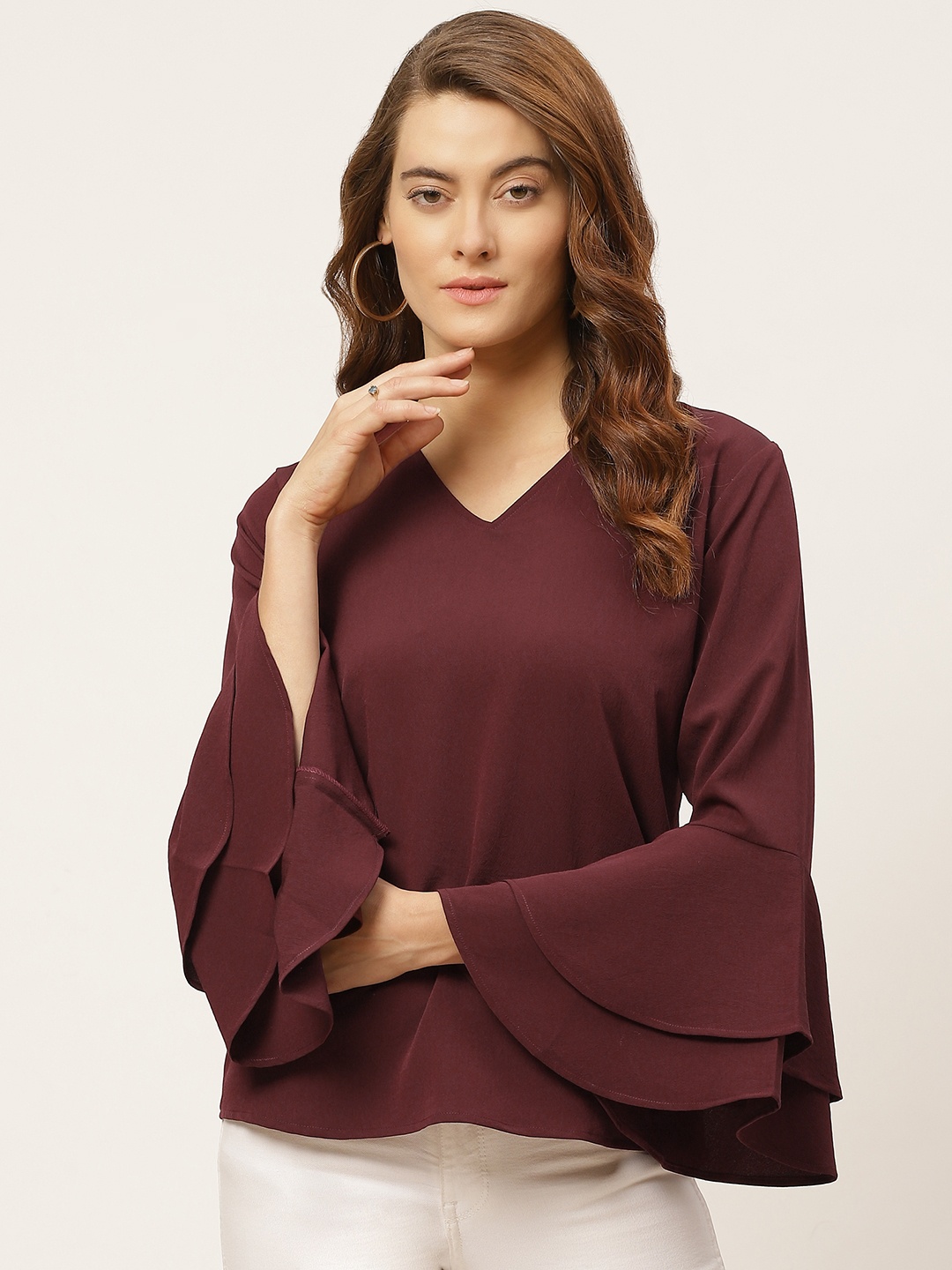 

One Femme Burgundy Bell Sleeves Crepe Regular Top