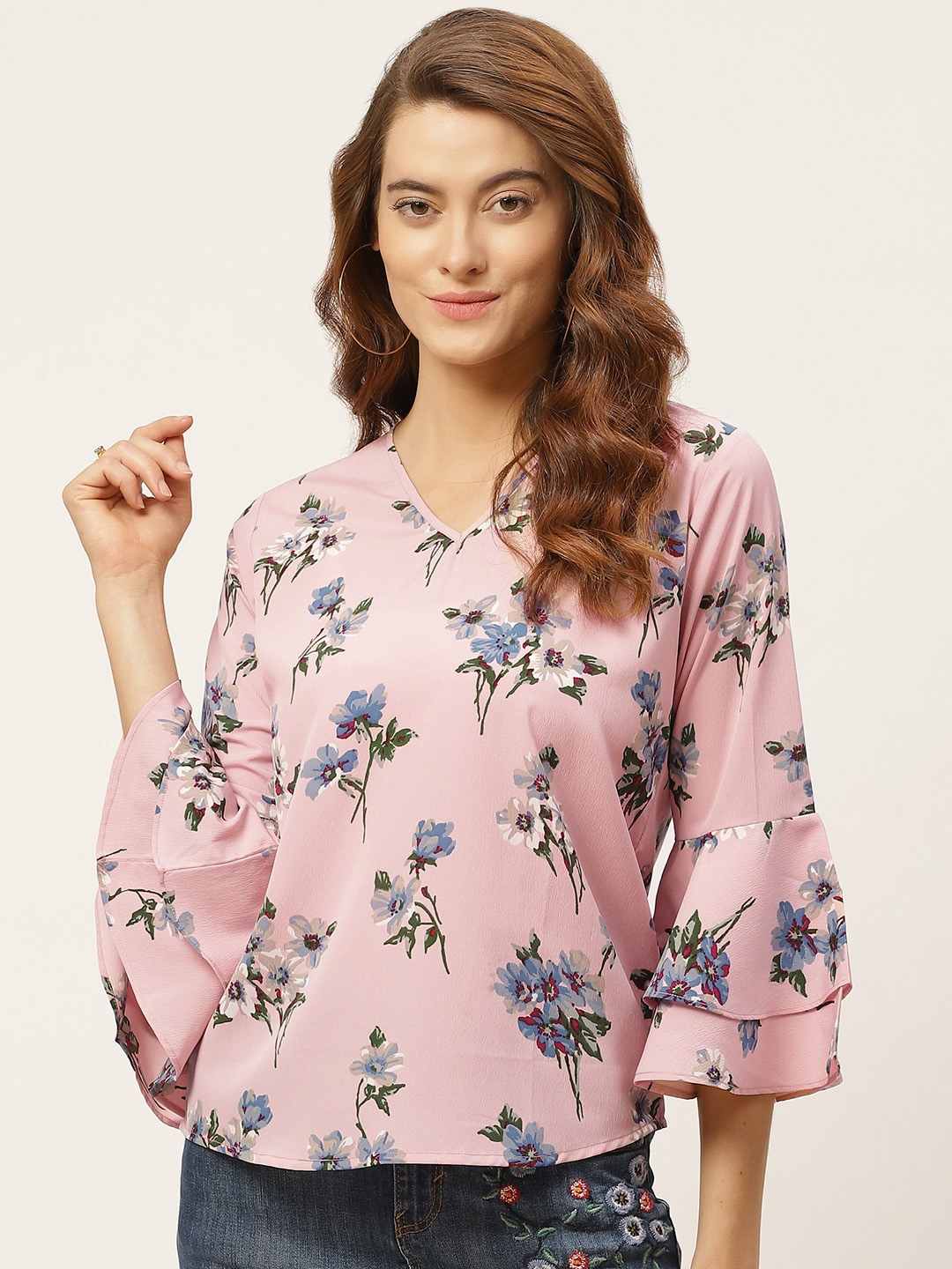 

One Femme Pink & Blue Floral Printed Bell Sleeves Regular Top