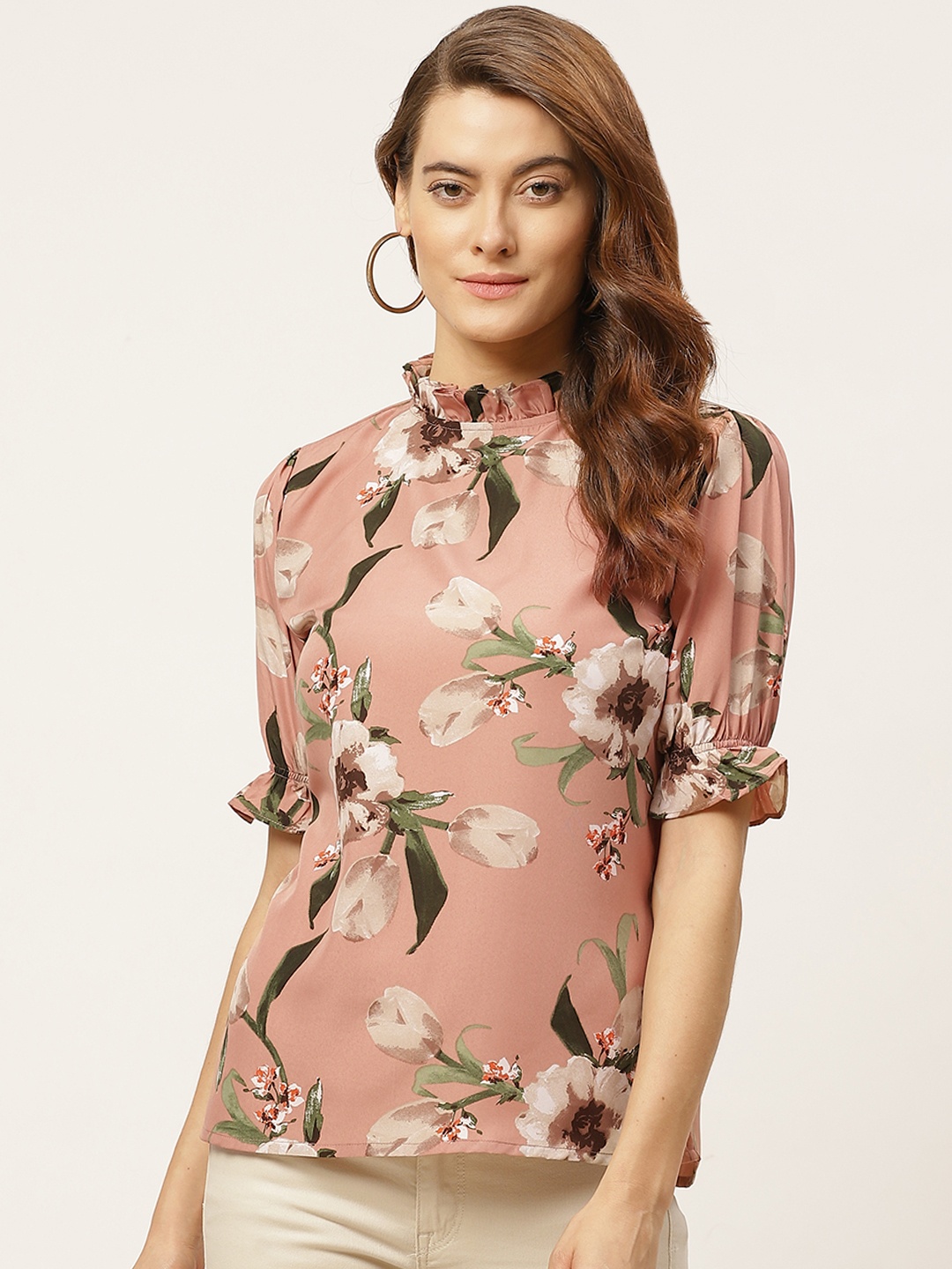 

One Femme Peach-coloured & Green Floral Printed Puff Sleeves Crepe Regular Top
