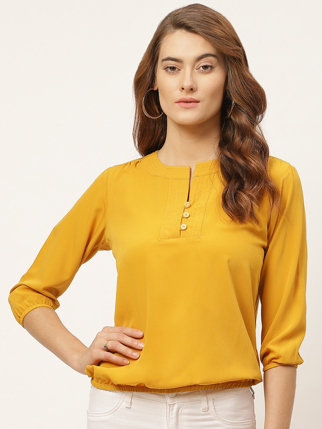 

One Femme Yellow Mandarin Collar Puff Sleeves Blouson Top