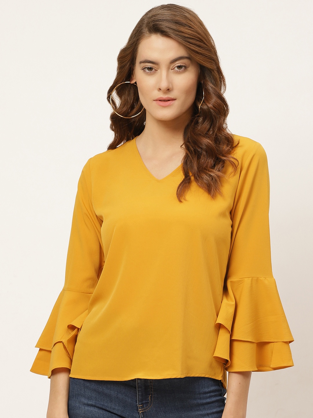 

One Femme Mustard Yellow Bell Sleeves Regular Top