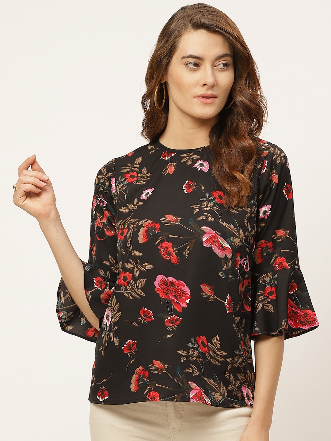 

One Femme Black & Red Floral Printed Bell Sleeves Regular Top