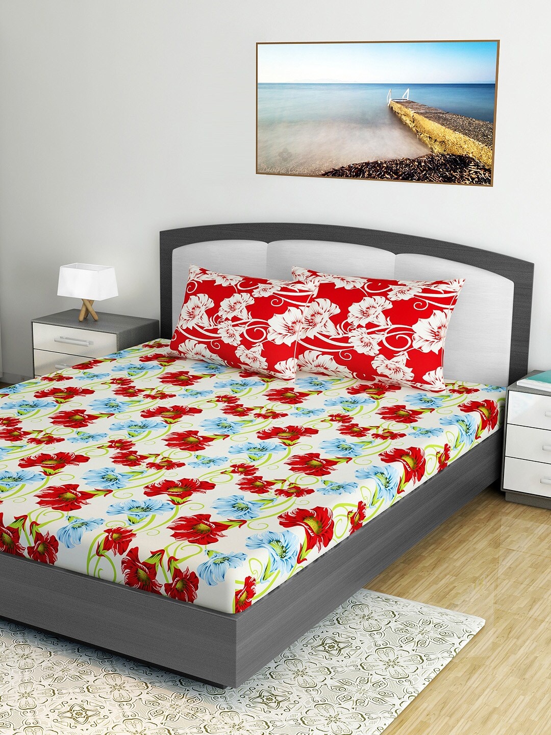 

Divine Casa Red & Yellow Floral 180 TC Cotton 1 Queen Bedsheet with 2 Pillow Covers