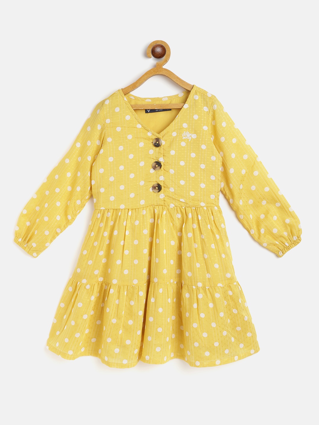 

Allen Solly Junior Girls Yellow & White Polka Dot Print Tiered Fit and Flare Dress