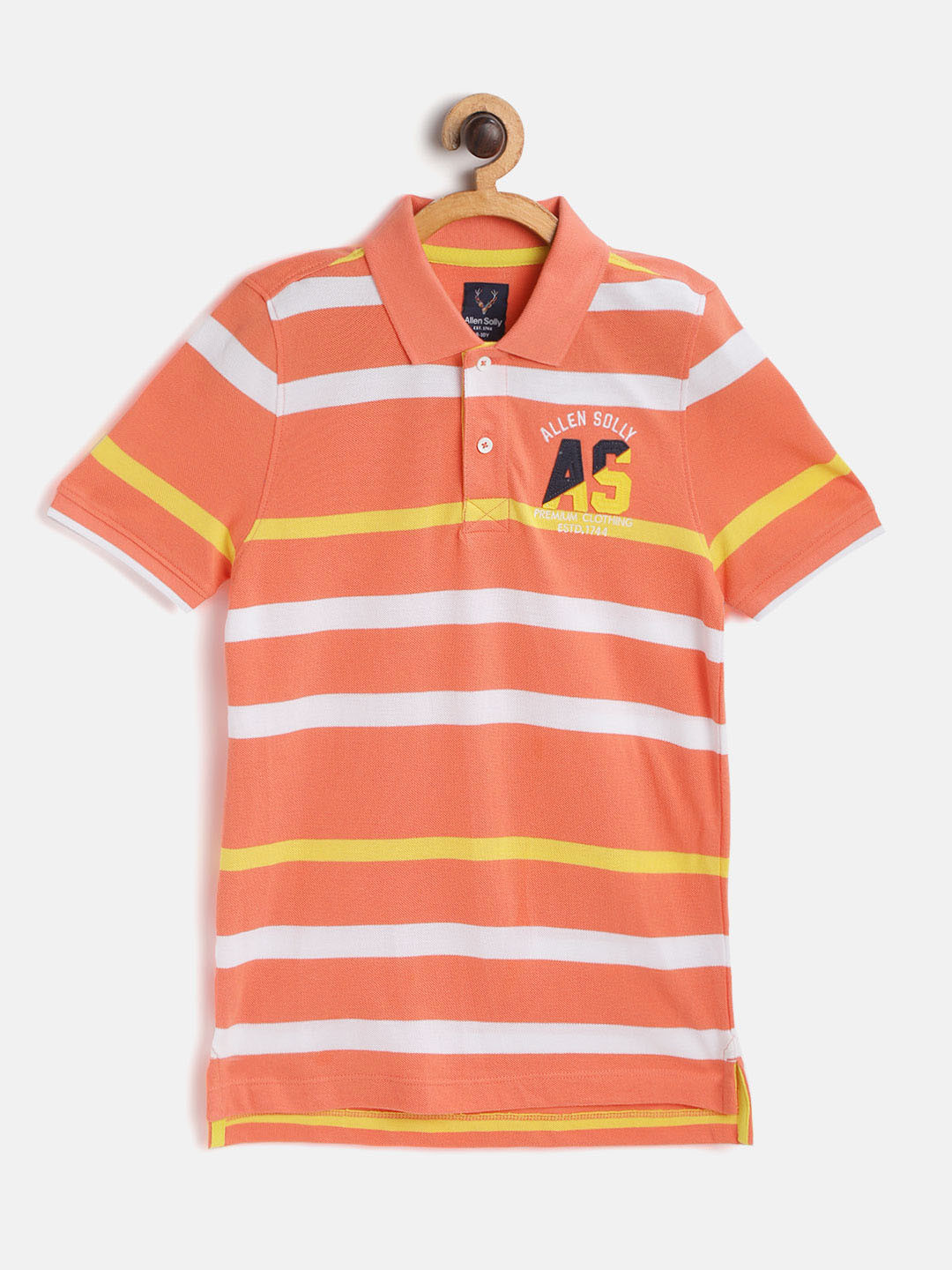 

Allen Solly Junior Boys Coral Orange White Striped Polo Collar Pure Cotton T-shirt