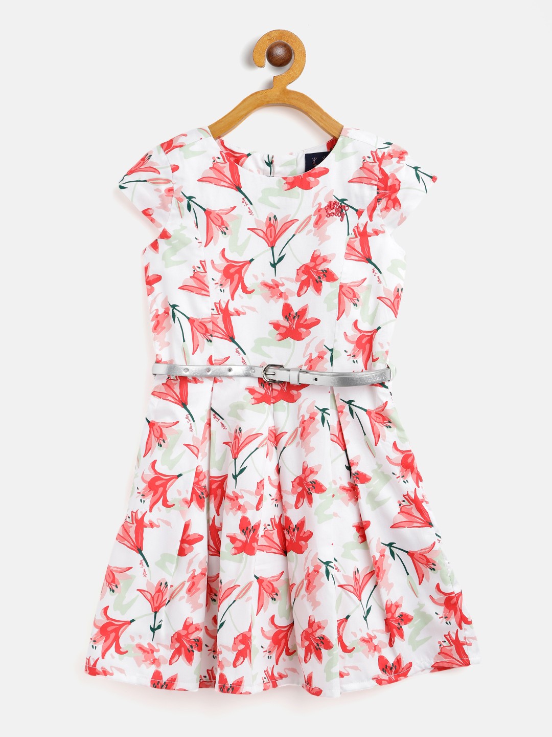 

Allen Solly Junior White & Red Floral Print Cotton Fit & Flare Dress with Belt