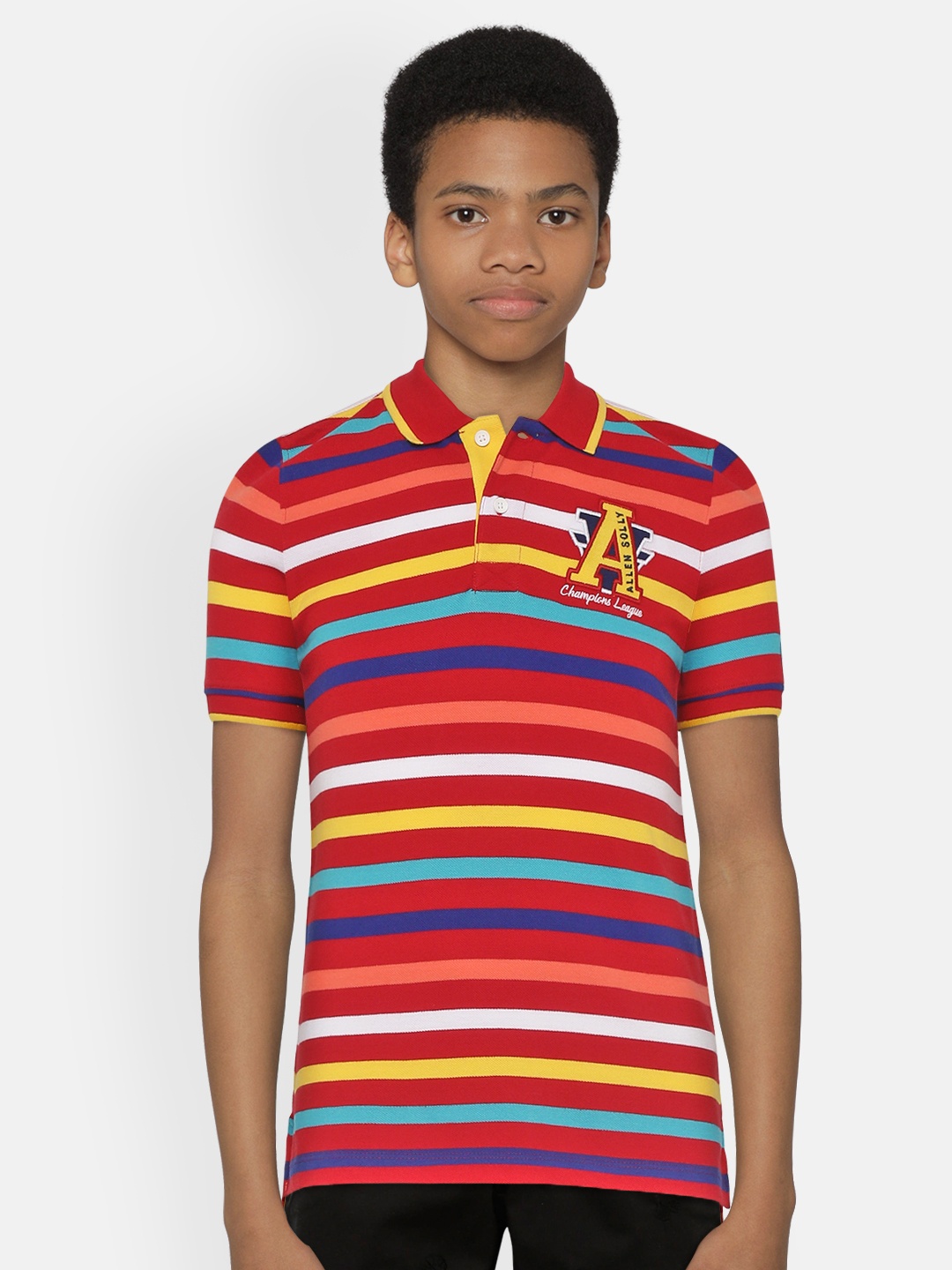 

Allen Solly Junior Boys Multicoloured Striped Polo Collar Pure Cotton T-shirt, Multi