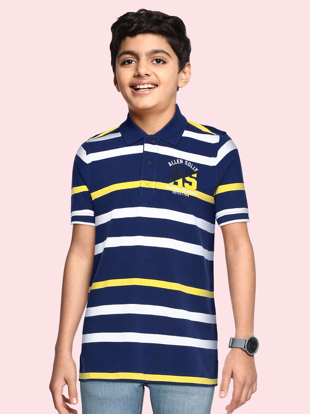

Allen Solly Junior Boys Navy White Cotton Striped Polo Collar Applique Detail Pure Cotton T-shirt, Navy blue