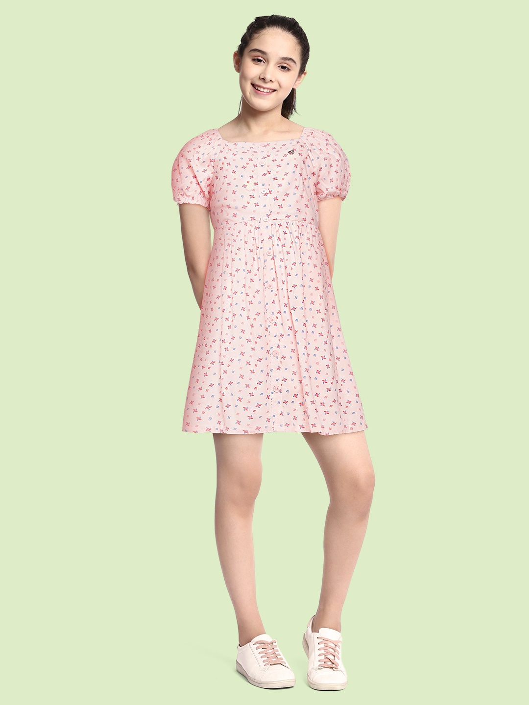 

Allen Solly Junior Girls Pink & Blue Pinwheel Print Smocked Fit & Flare Dress