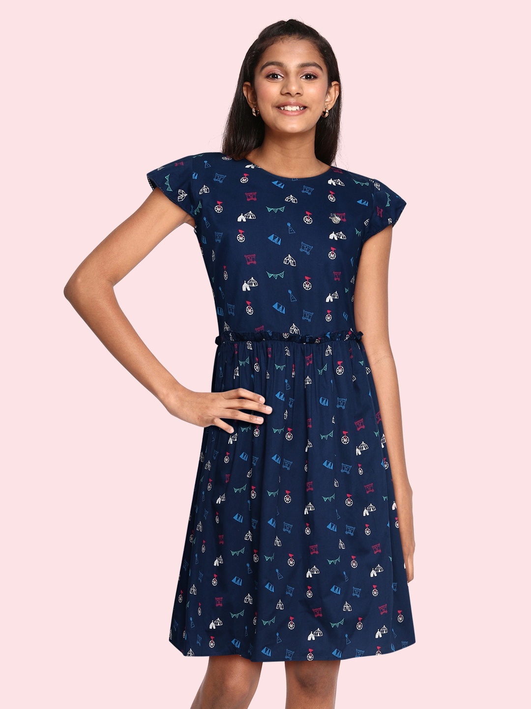 

Allen Solly Junior Girls Navy Blue & White Circus Print Pure Cotton Fit & Flare Dress