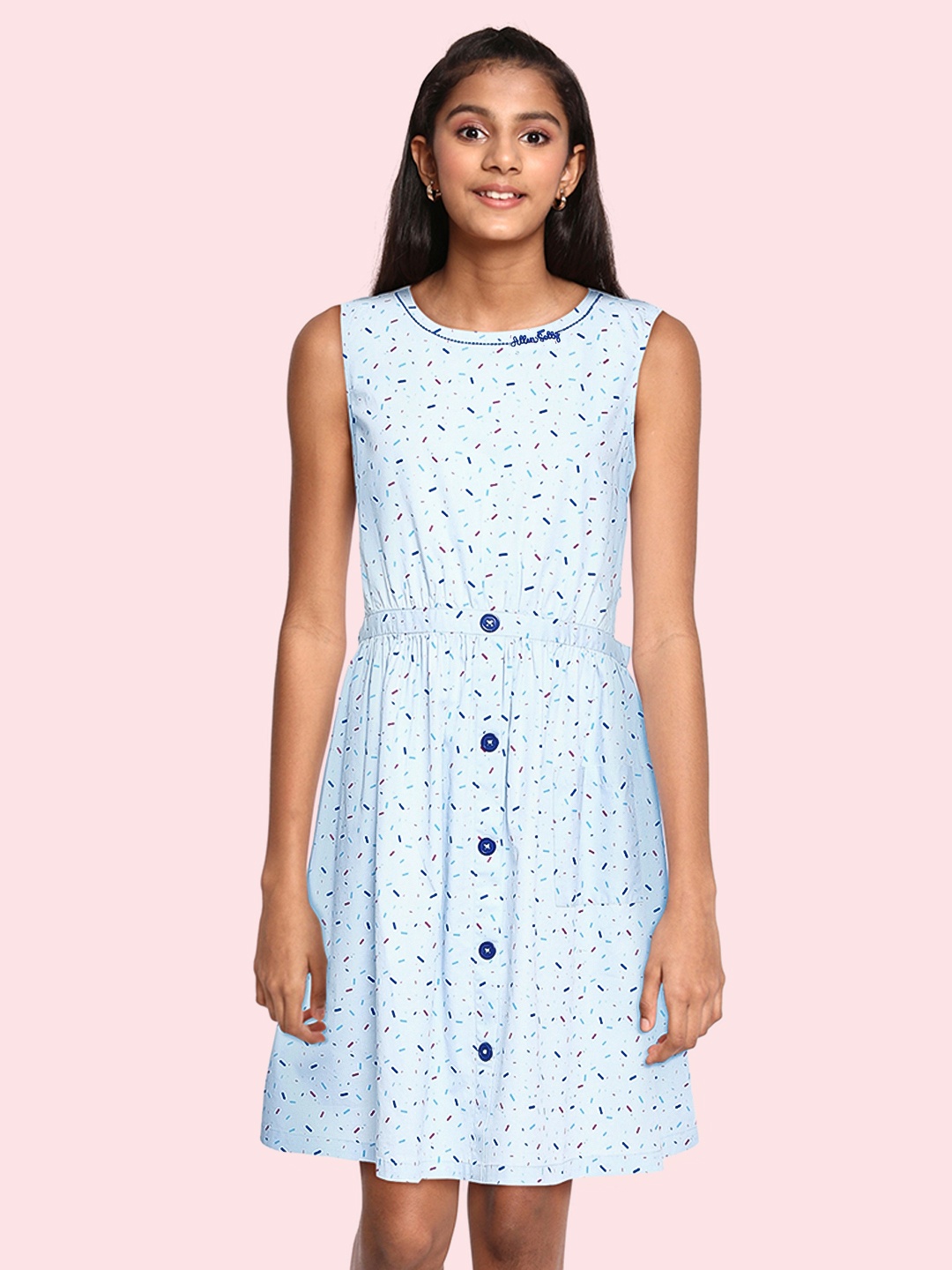 

Allen Solly Junior Girls Blue & Pink Confetti Print Pure Cotton Fit & Flare Dress